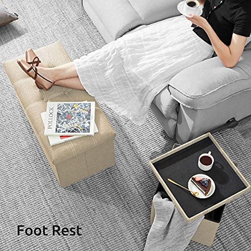 Image of 30 Inches Storage Ottoman, Long Shoes Sofa Bench, Fabric Linen Footrest Stool For Laundry, Space, End Bed Storage Seat, Toys Organizer Bin Box With Lidded (Beige, 76X38X38 Cm)