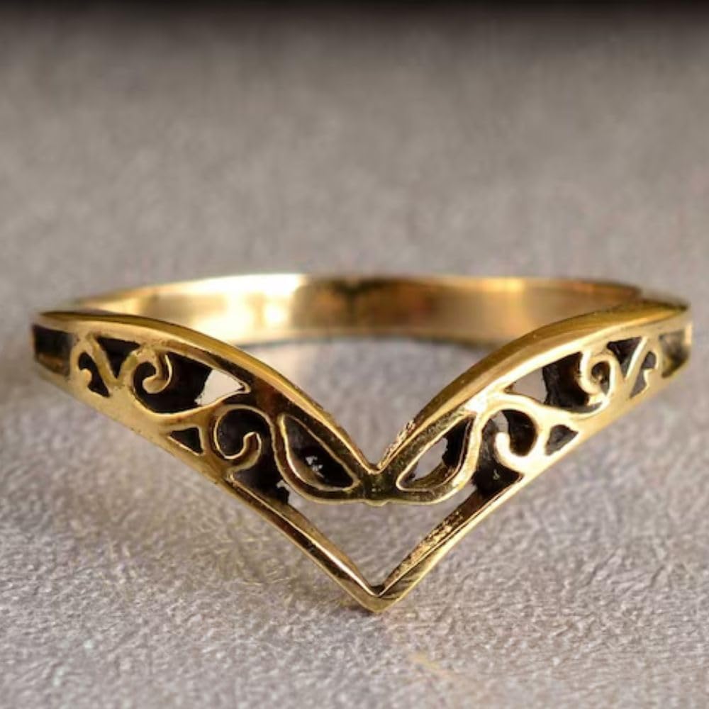 SilverDia 14K Yellow Gold Plated Vintage Chevron Filigree Art Deco Curved Wedding Band For Women V Shape Stacking Matching Anniversary Band 925 Sterling Silver Handmade Edwardian Artistic Jewelry