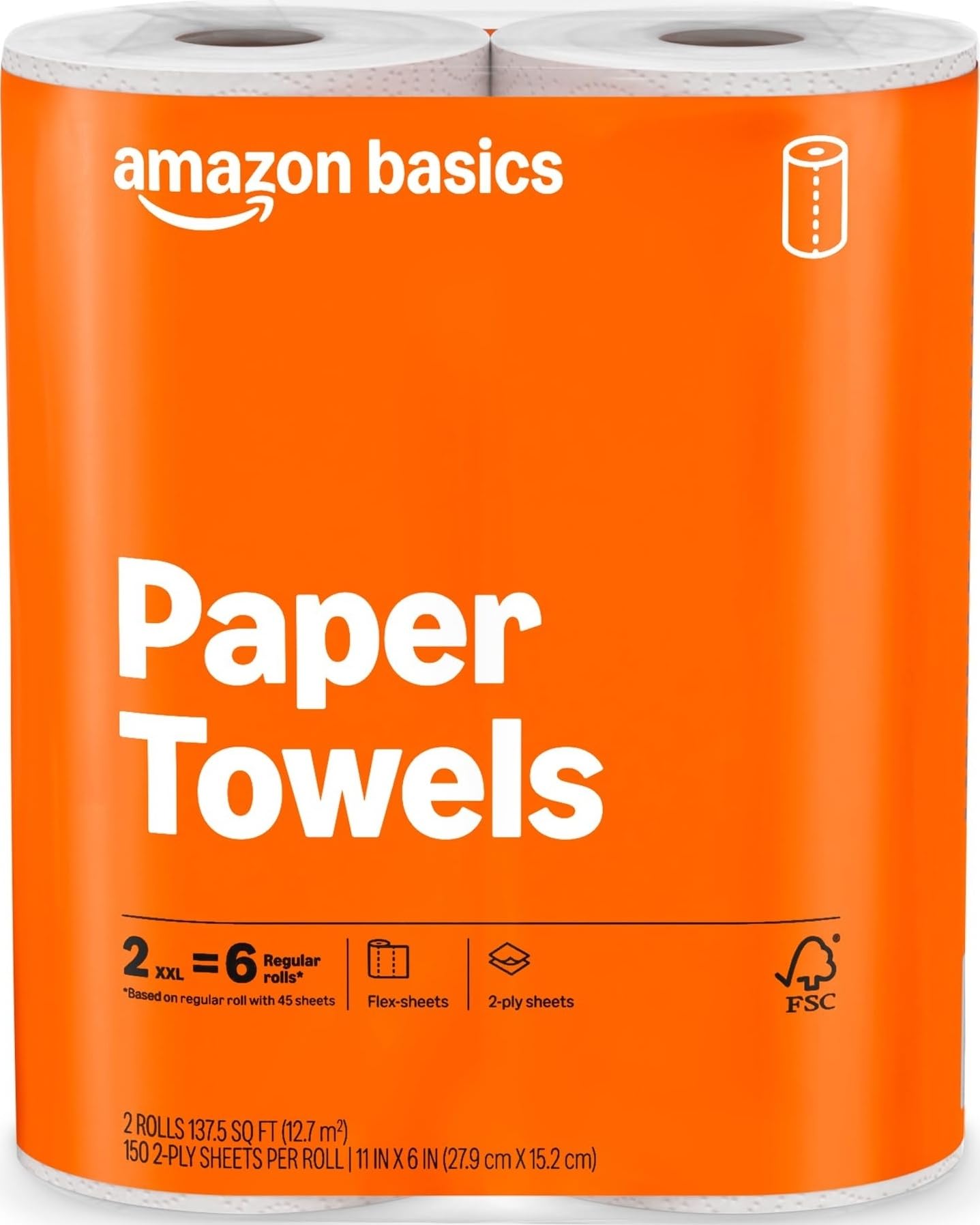 Amazon Basics 2-Ply Flex-Sheets Paper Towels, 2-Pack, 150 Sheets per Roll, 2 Basics Rolls = 6 Regular Rolls, for Everyday Use, Spills and Messes