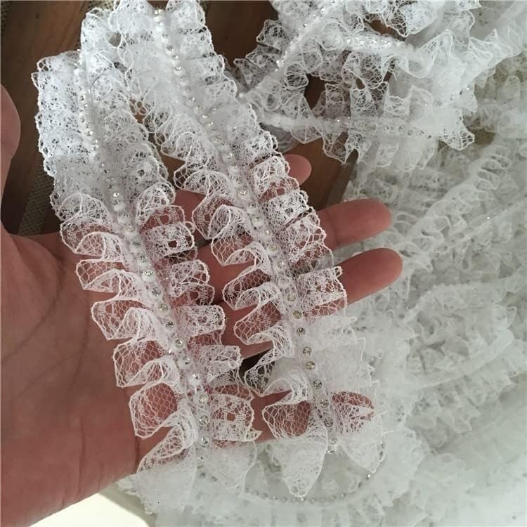 Cintas bordadas 3D de cordón de 4cm blanco con borde plisado para aplique del cuello del vestido