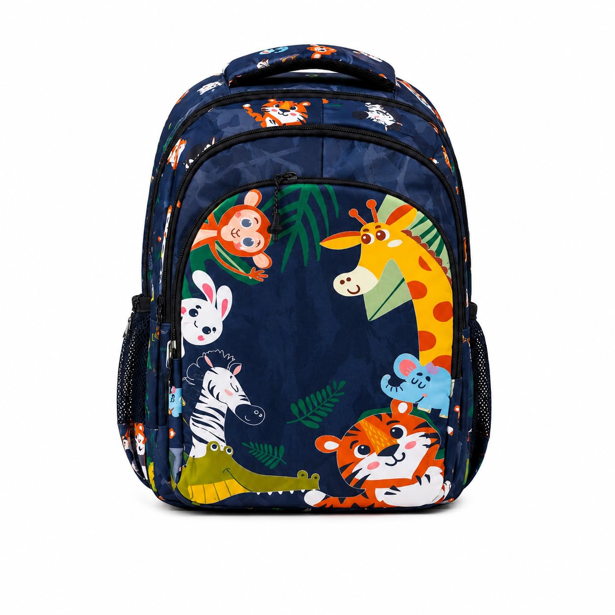 Kids School Backpack, Navy Blue Jungle Animals Print-picture-14