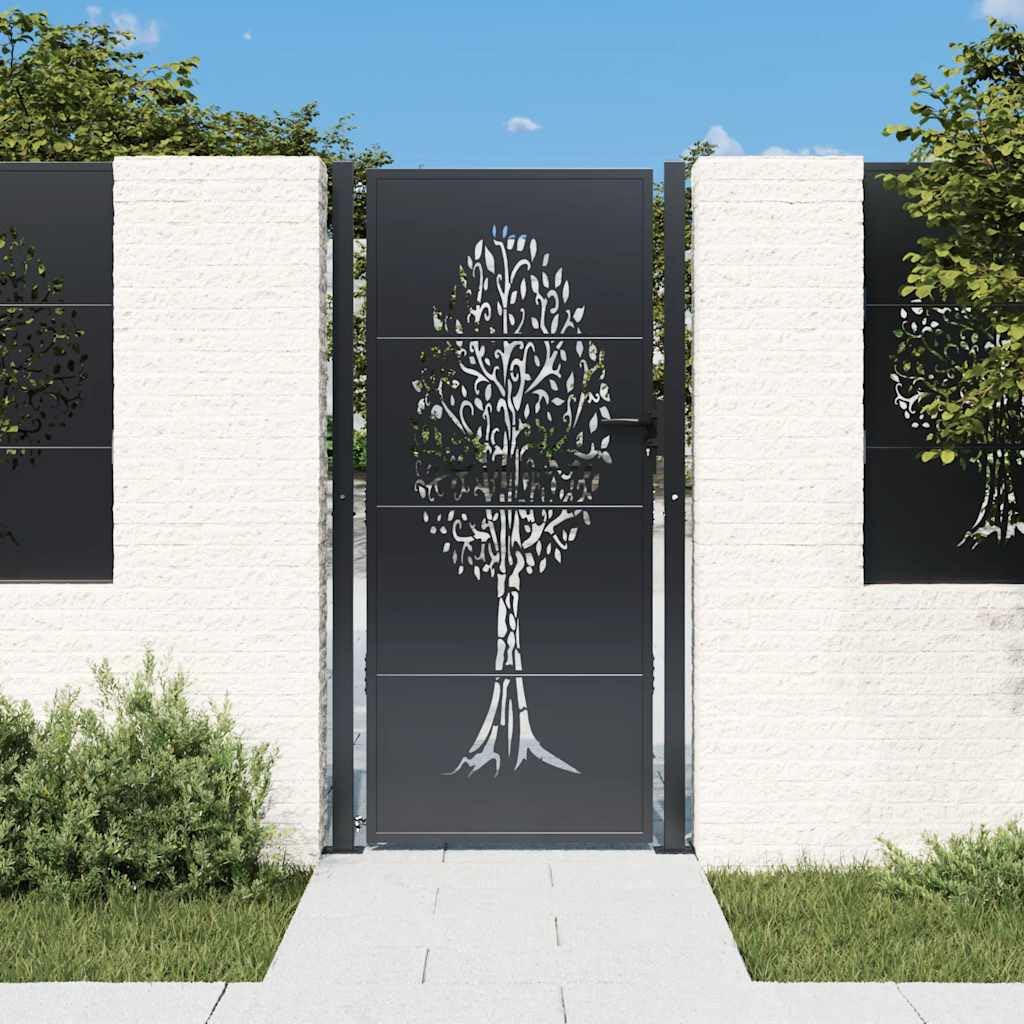 Puerta de jardín antracita 100x175 cm de acero con diseño de árbol
