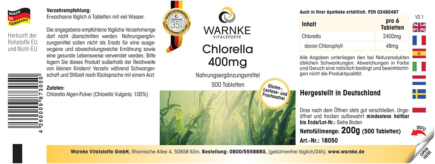Chlorella 400 mg - 500 comprimés - faciles à avaler - poudre d'algue Chlorella vulgaris - avec chlorophylle - végétalien - grand format | Warnke Vitalstoffe - Qualité pharmaceutique allemande