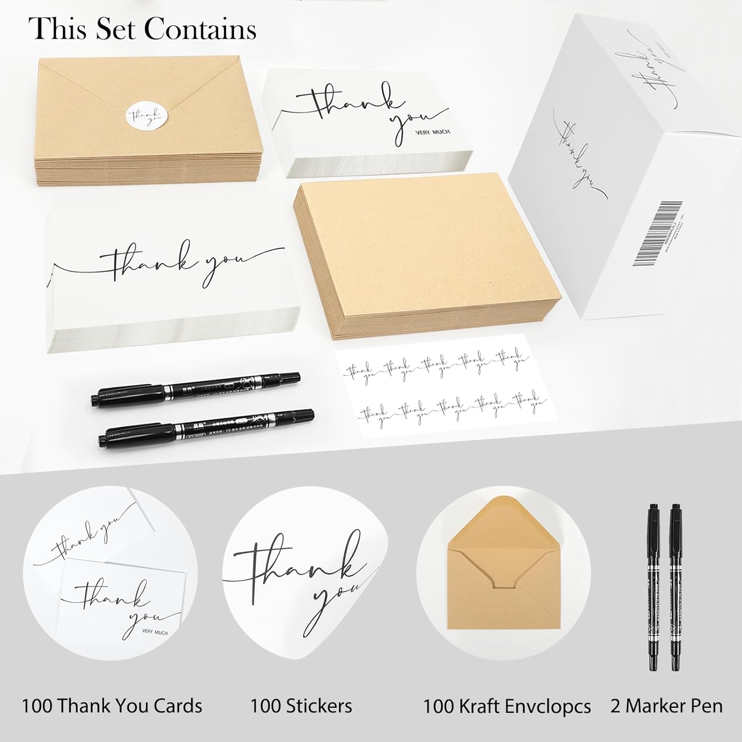 NESCCI 100 PCS Thank You Cards With Envelopes and Stickers，Classy 4x6 Blank Thank You Cards，Thank YouNotes for Wedding, Small Business, Baby & Bridal Shower(White) - Image 2