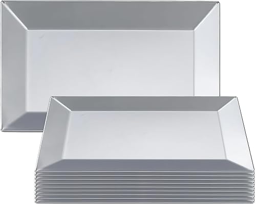 Kaya Elegantes platos rectangulares de plástico plateado para postre (5.5 x 8.5 pulgadas), paquete de 10, perfectos para bodas, cumpleaños y uso