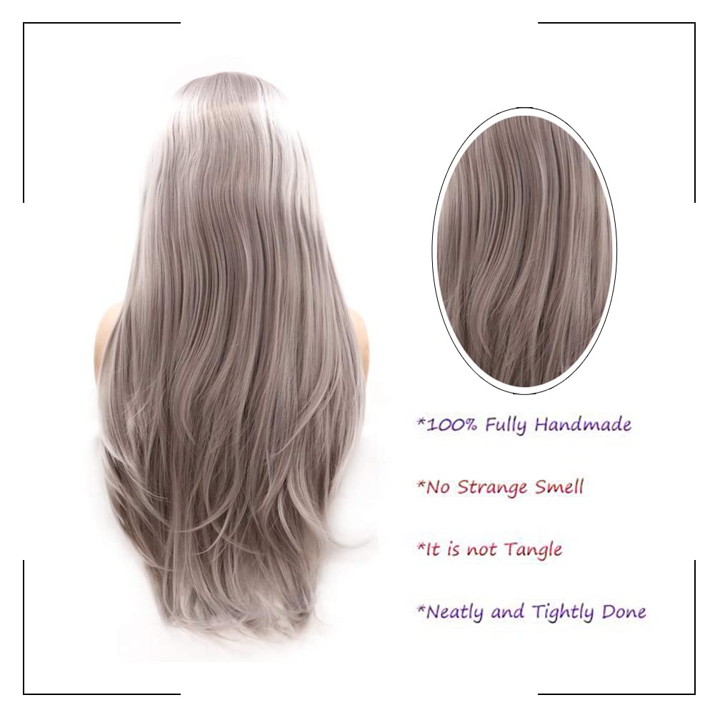 Kalisa Grey Lace Front Wig for Women Long Silky Straight Grey Natural Hairline Wig Heat Resistant Fiber Synthetic Glueless Wigs for Daily Party Cosplay 24inch