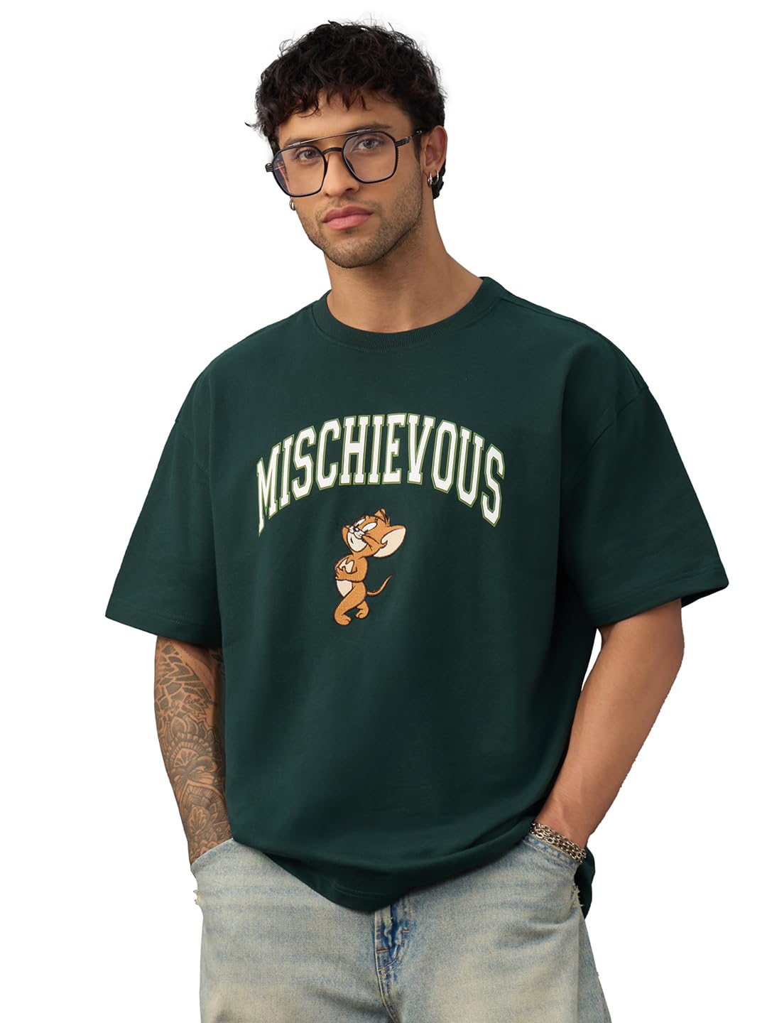 the souled store Tom & Jerry: Mischievous Men and Boys Short Sleeves Round Neck Green Embroidered Casual Lightweight Cotton Oversized T-Shirt-picture-53