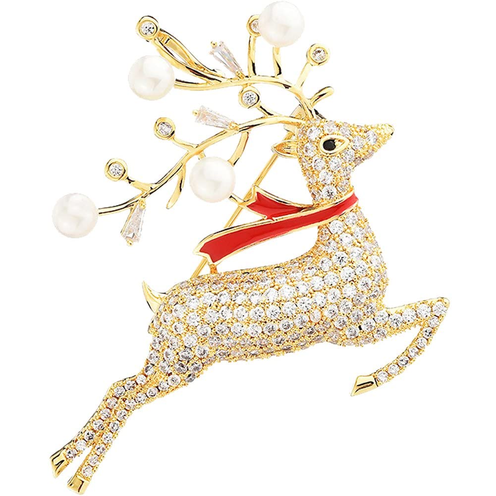 Wudaizhi Gold Reindeer Rhinestone Brooch Pin 1.57 * 1.77Inch Woman Christmas Elk-Shaped Brooch For Sweater Coat Evening Dress