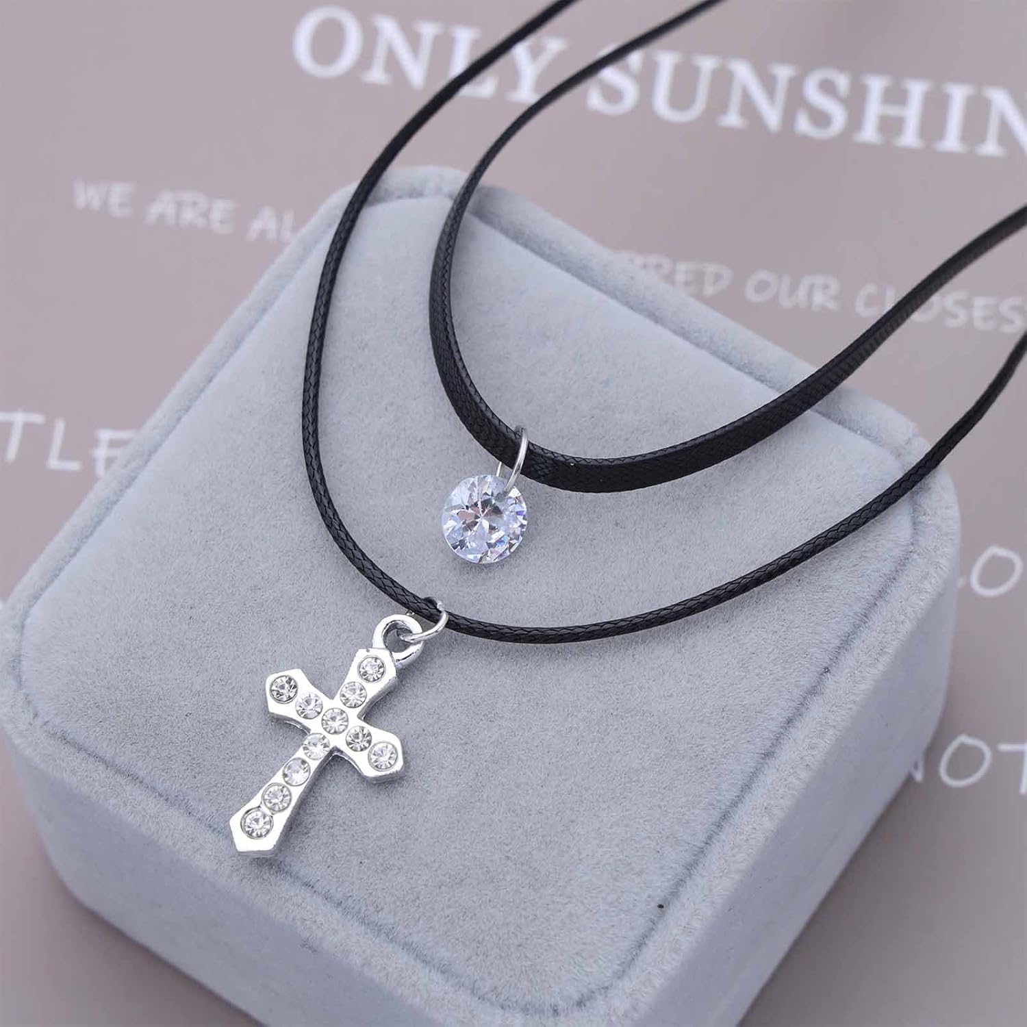 Boho Layered cross Choker Necklace Black Leather Collar Necklace religious cross Necklace Crystal Dangle Necklace Adjustable Leather Cord Necklace Jewelry for Women - Image 4