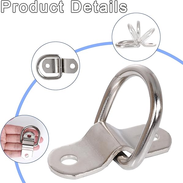 Lot de 8 anneaux en D, ensemble d'anneaux d'arrimage en acier inoxydable pour remorques avec vis, crochets d'arrimage à base de vis filetées pour camions, bateaux et sécurisation de chargement - 3