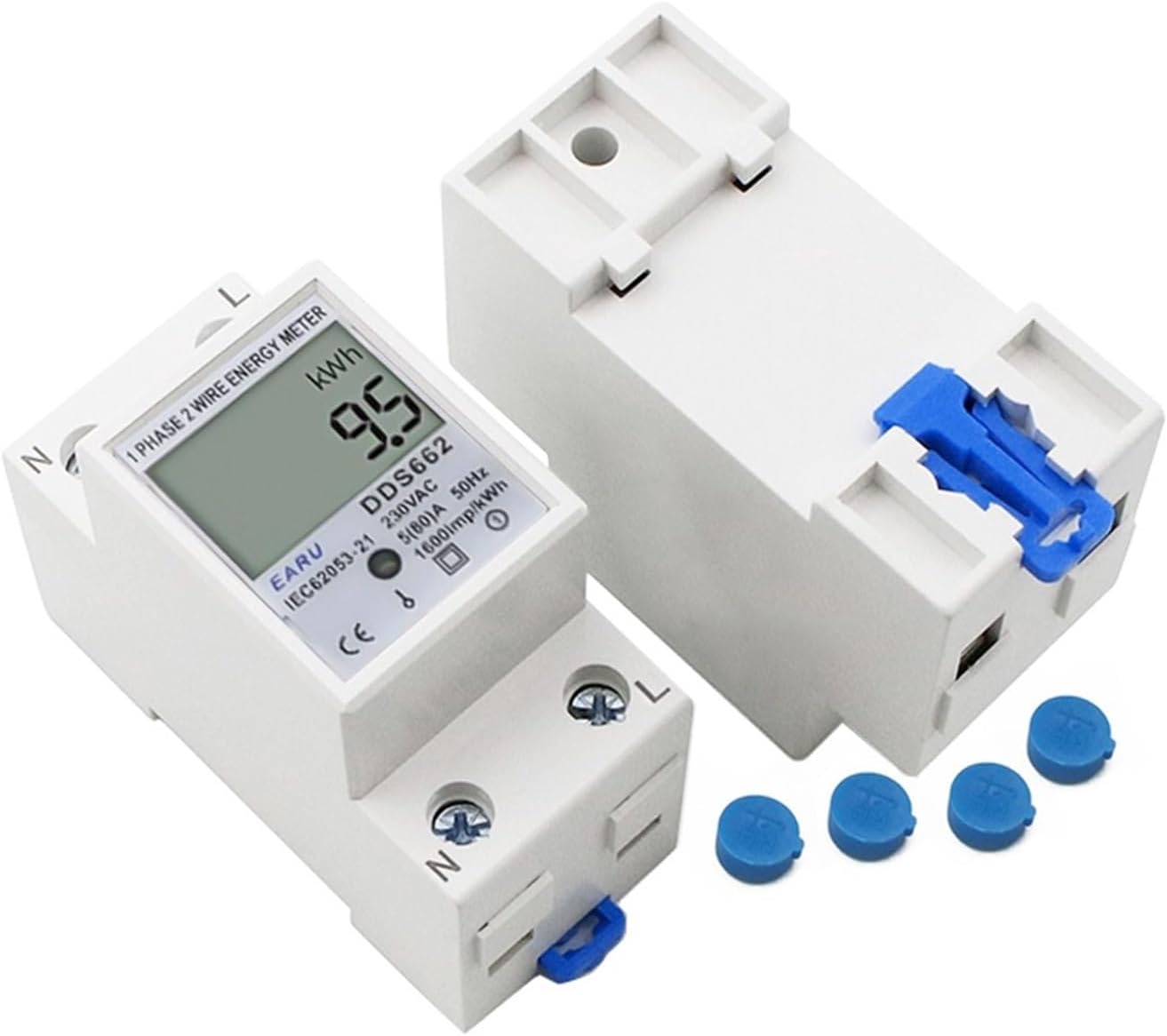 EVURU DDS662 energy meter with connection terminals and protective caps.