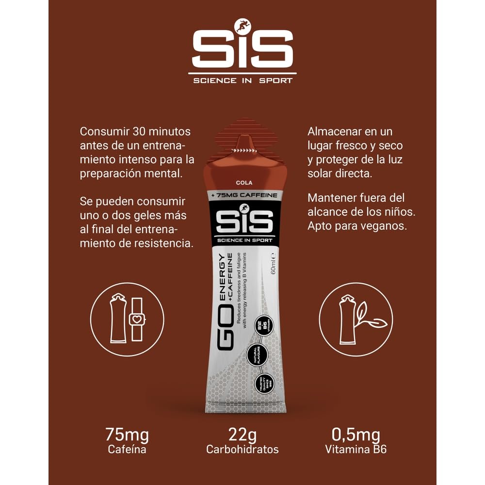 Science in Sport GO Energy + Caffeine 30x60ml Cola, Vegano – Gel con 150mg de cafeína y 22g de carbohidratos, Energía para deportes de resistencia