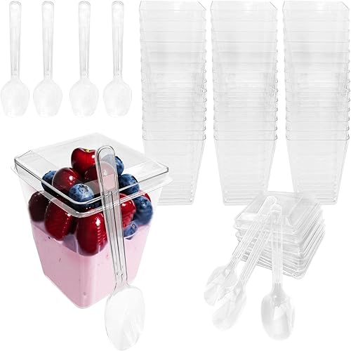 50-Pack 5oz Dessert Cups with Lids & Spoons - Clear Plastic Parfait Cups for Yogurt, Fruit, Appetizers, Party Snacks - Reusable Mini Dessert Containers (Envases Vasitos/Vasos para Postres con Tapa)