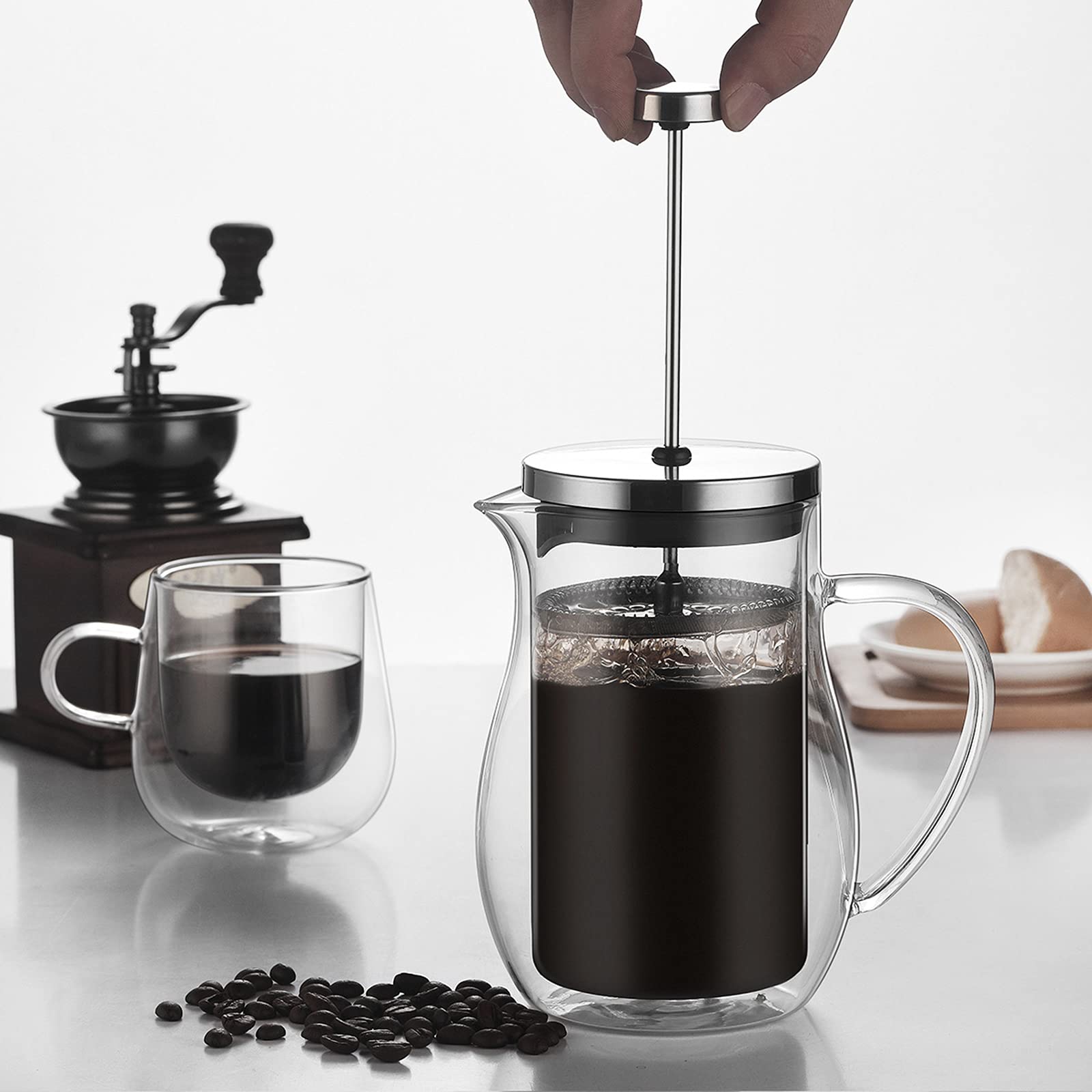 French Press zaparzacz do kawy dzbanek do herbaty podwójna ścianka szkło borokrzemowe 304 system filtracji ze stali nierdzewnej przezroczysta prasa do kawy, bursztyn, 600 ml