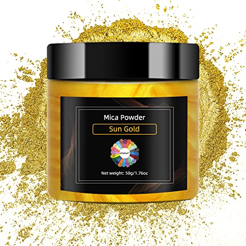 NTWJNJY Sun Gold Mica Powder for Epoxy ResinNatural Shimmer Mica Powder Used for Coloring Resin Artwork car Spray Paint Candles soap Eye Shadow Lip Gloss Nail Polish(50g/1.7oz)