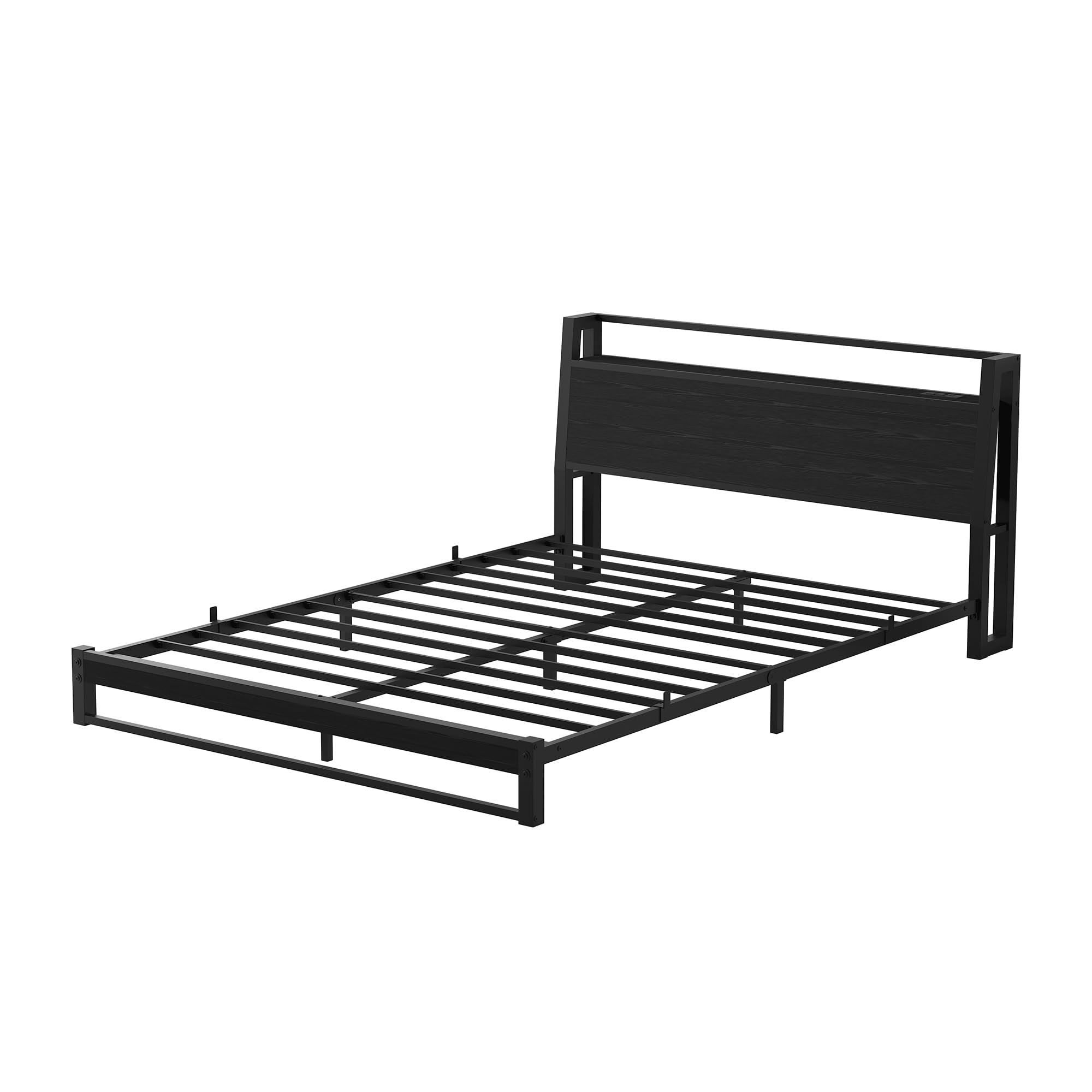 Bett 120x200 mit Ergonomischem Kopfteil mit Stauraum, Bodenbett Niedriges Metallbett, Bettgestell mit Ladestation und LED Beleuchtung, jugendbett 120x200 für Schlafzimmer Gästezimmer,Schwarz
