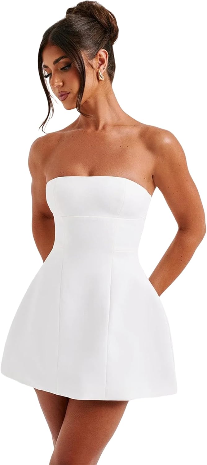 Suillty Women's Sexy Strapless Off Shoulder Mini Dress Elegant A-Line Tube Top Bodycon Dress Formal Party Club Short Dresses - Image 2