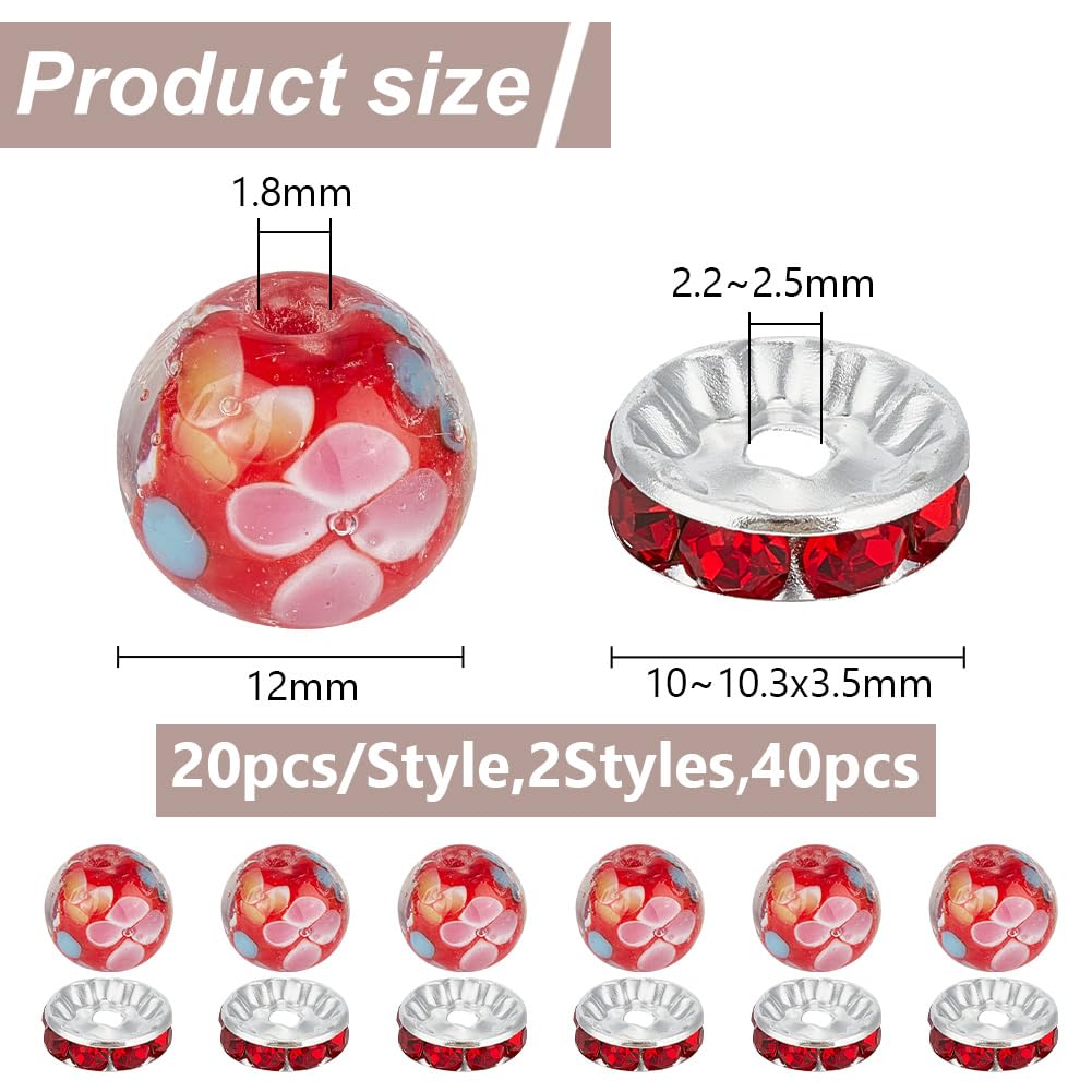 GOMAKERER 20 Pcs 12mm Red Lampwork Flower Glass Beads with 20 Pcs Pave Rhinestone Spacer Beads - Image 2