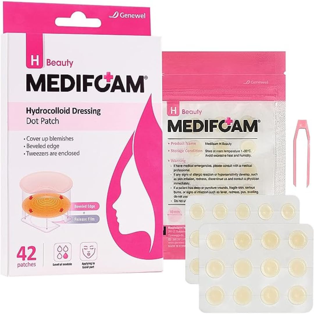 MEDIFOAM H Beauty Hydrocolloid Dressing Dot Patch(42 Count,1 Tweezers)-Korean Acne Pimple Patches for Face&Skin | Spot Stickers for Covering Zits and Blemishes | Absorb Fluid and Reduce Inflammation