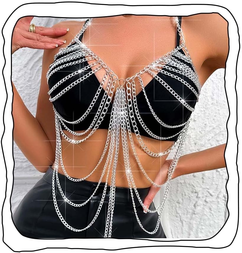 Chain Bra Sexy Body Jewelry for Women Silver Body Chains Tassel Chain Bra Top Rave Nightclub Costume Accessories