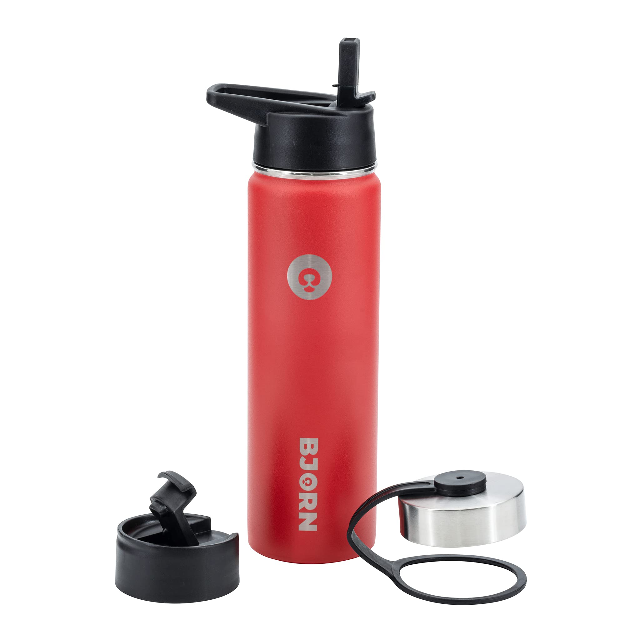 BJORNSports Water Bottle - 3 Lids, Leak Proof, Vacuum Insulated Stainless Steel, Double Walled, Thermo Mug, Metal Canteen for Fitness, Gym, Exercise, Camping, Office - Chilli Red 650ml