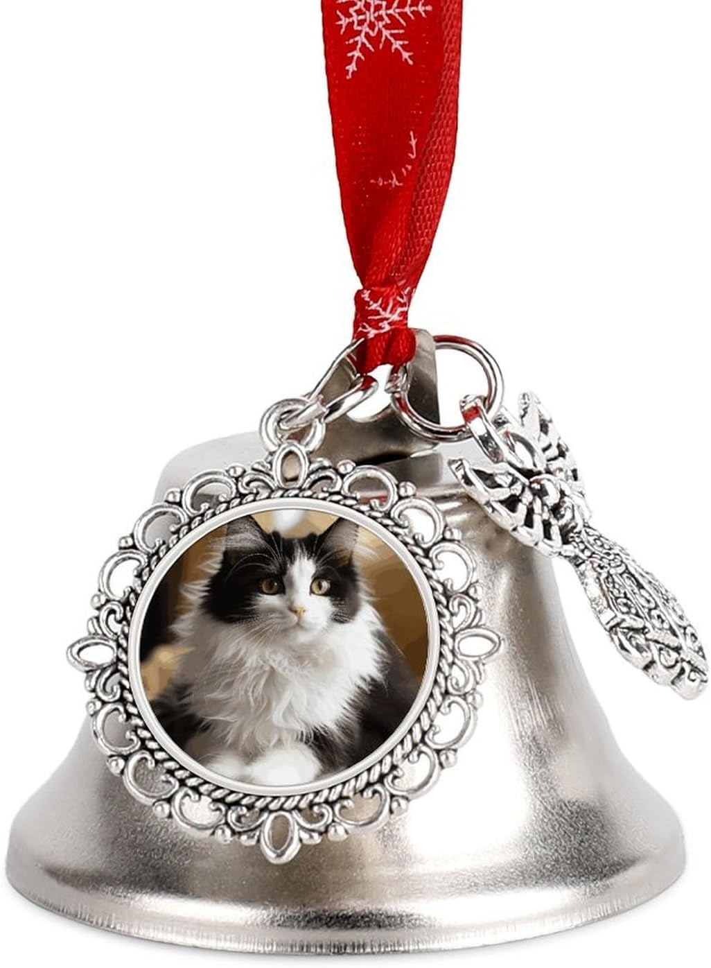 White and Black Kitten Sitting Christmas Bells Ornaments Tree Jingle Bells Decors Xmas Silver Bell Hanging Decoration Pendants for Weddings Parties Christmas Wreaths