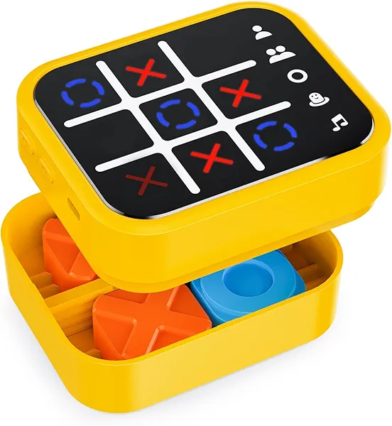 Niufuntek Rechargeable Tic Tac Toe Game Box with 5 Fun Brain Memory Games, Electronic Touchscreen Handheld Game, Portable Digital Puzzle Board Travel Toy, Gifts Choice for Kids and Adults(Yellow)