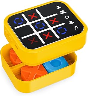 Anoawens Rechargeable Tic Tac Toe Game Box with 5 Fun Brain and Memory Games, Compact Handheld Puzzle Game Console, Portable Travel Game Ages 3+ (Yellow)