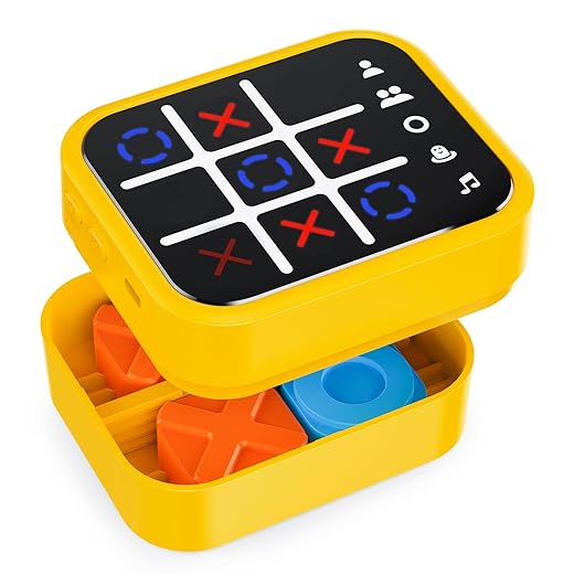 Rechargeable Tic Tac Toe Game Box with 5 Fun Brain Memory Games, Electronic Touchscreen Handheld Game, Portable Digital Puzzle Board Travel Toy, Gifts Choice for Kids and Adults(Yellow)