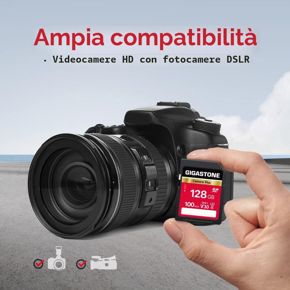 GIGASTONE Scheda di Memoria SDXC 128 GB, Set da 5, Camera Plus, Velocità 100 MB/s per Fotocamera Canon Sony Panasonic Kodak Olympus, V30 U3 UHS-I Classe 10 per 4K UHD Video, con 5 mini custodie