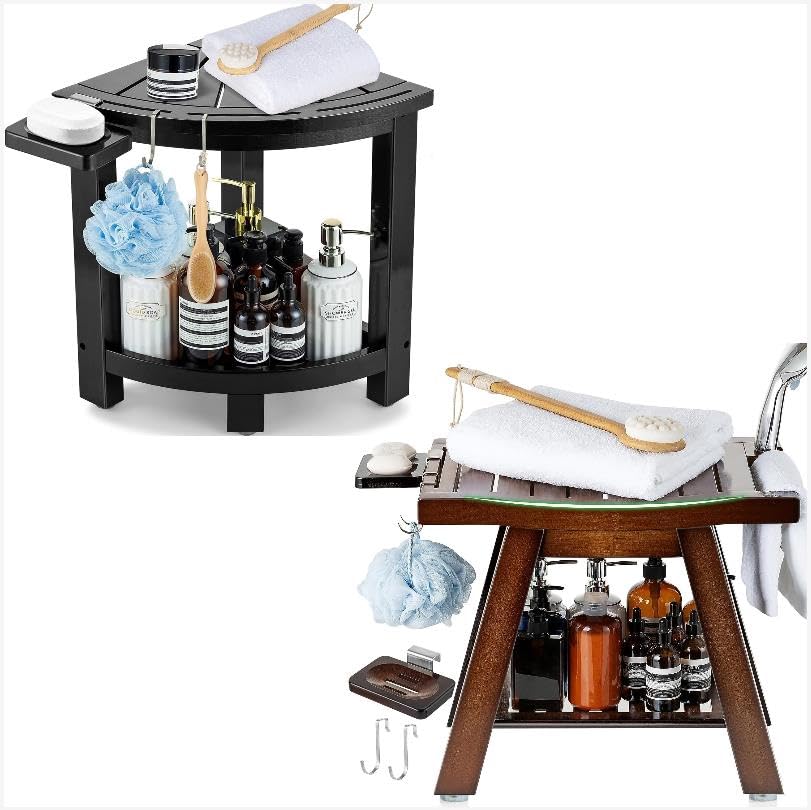 ETECHMART Corner Shower Stool + A-Shaped Shower Bench (Black+Walnut)
