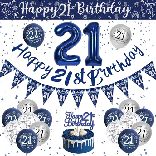 Decoração de aniversário 21 anos para homem, balões de aniversário 21 anos, balões azuis e prateados, balões de 21 anos, bandeira de feliz aniversário, decoração de festa 21 aniversário balão confetes