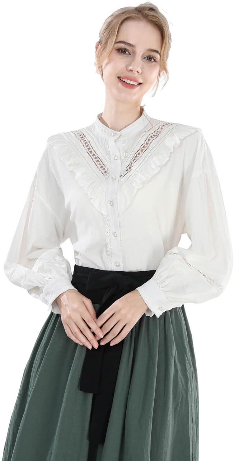 Nuoqi Victorian Blouse for Women Cotton Renaissance Shirt Long Sleeve Vintage Top - Image 3