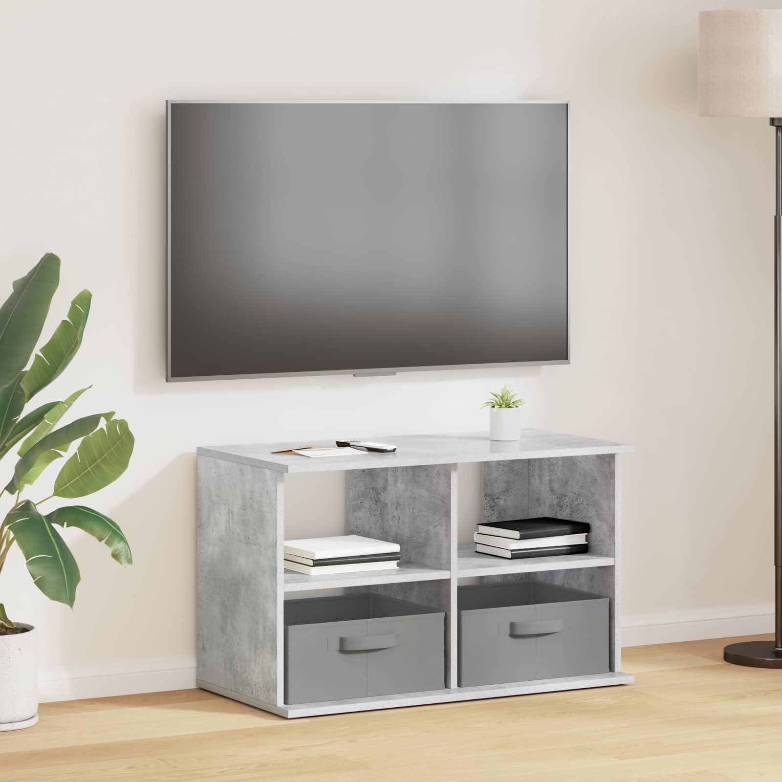 Mebel telewizyjny z szufladami i regałem, betonowy, szary, 79 x 40 x 48 cm, uniwersalna szafka pod telewizor do salonu, kina domowego i konsoli medialnej z zarządzaniem kablami, miejsce do