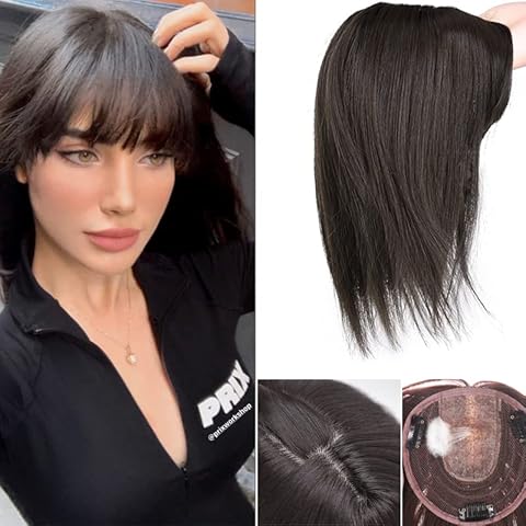 Dybst Hair Topper Toupee Hairpiece Wiglet Synthetic Fiber Wavy/Straight Hair In Bangs Fringe Scalp Top Closures Hairpieces for Women (#4, 14INCH/35CM Straight) Cover