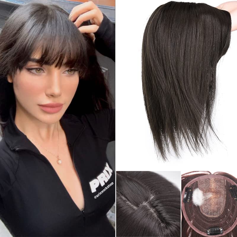 DybstHair Topper Toupee Hairpiece Synthetic Fiber Wavy/Straight Hair In Bangs Fringe Scalp Top Closures Hairpins for Men and Women (14INCH/35CM Straight, Black Brown)