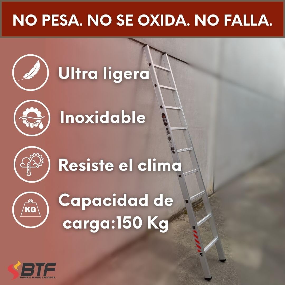BTF Escalera de Apoyo en Aluminio - Escalera Simple 9 Peldaños, 2,5m, 1 Tramo, Ligera y Resistente, Certificada Carga Máx. 150 kg, Ideal para Obra y Hogar, Norma EN131.