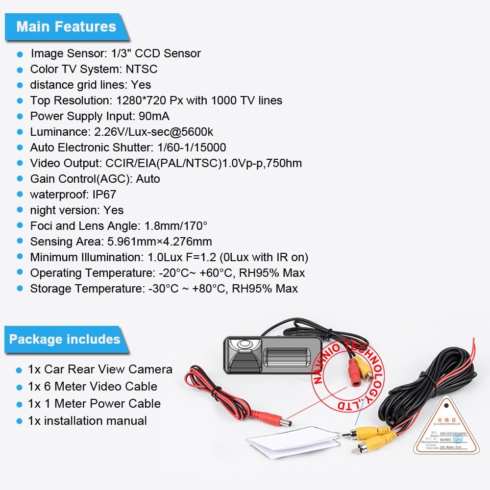 Telecamera posteriore per auto, 1280 x 720 pixel, HD, supporto per parcheggio, visione notturna, per Ford Mondeo Chia-X/Carnivai/S-Max dal 2007 al 2012/Fiesta/Focus/Kuga