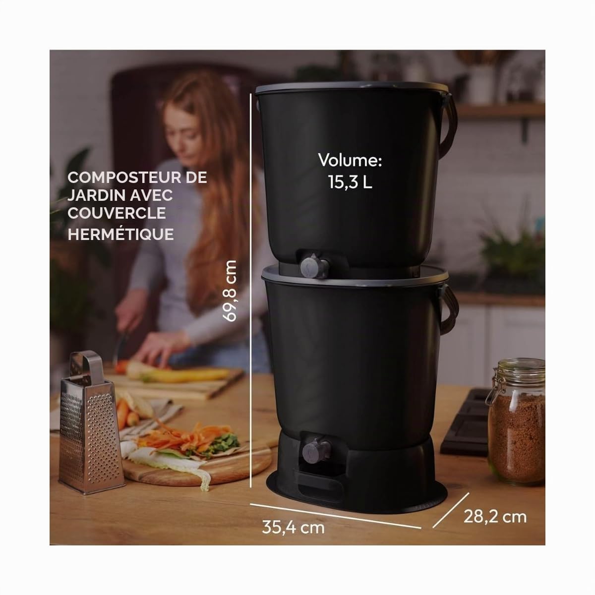Skaza- Composteur de Cuisine en Plastique Recyclé - BOEssential Set+Base 15,3L Noir et Gris