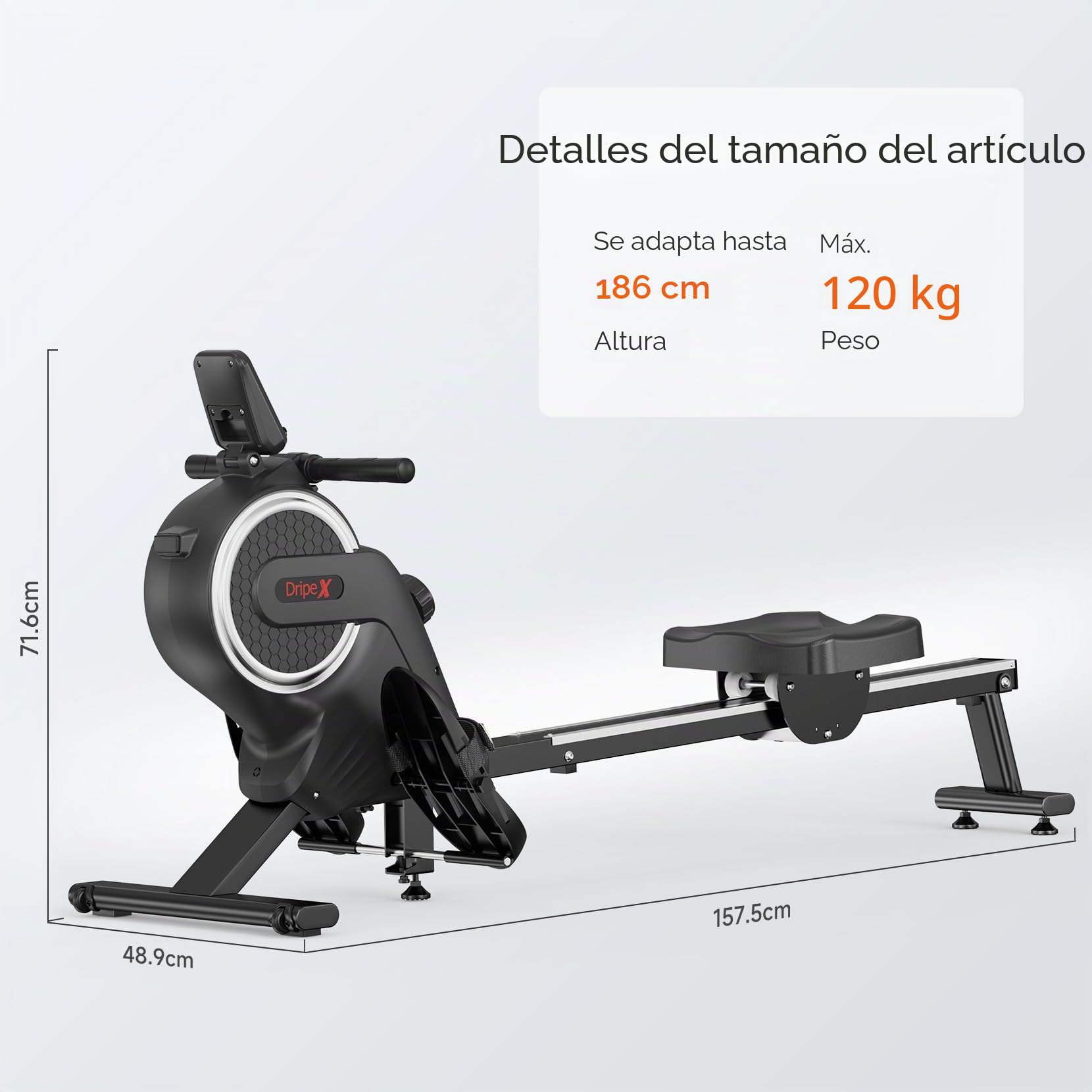 Dripex Máquina de Remo para Casa, Máquina de Remo Magnética Silenciosa con Riel de Aluminio, 16 Niveles de Resistencia, Pantalla LCD, App Compatible, Fitness y Entrenamiento Cardio