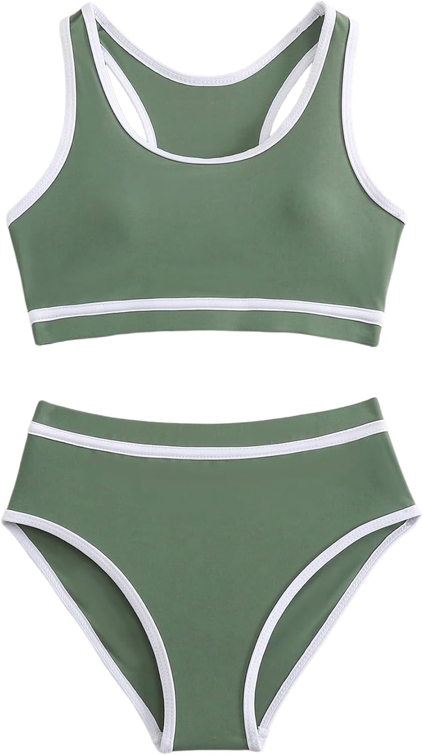 Milumia Girl's 2 Piece Color Block Bikini Set Scoop Neck High Waisted Bathing Suits