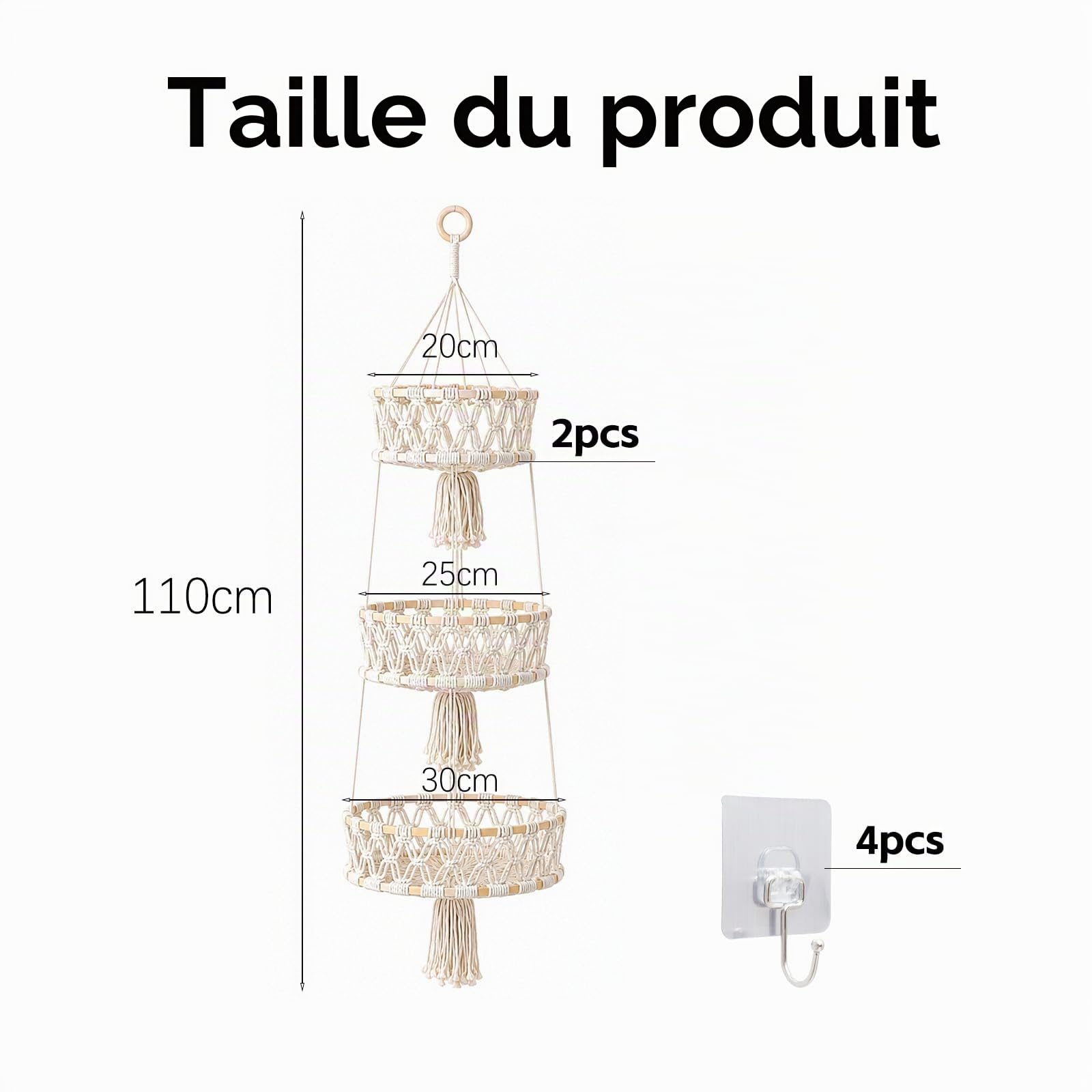2 Pièces Panier à Fruits Suspendu 3 Niveaux, Ø 20/25/30 cm, Beige | Corbeille à Fruits Suspendue en Corde de Coton, pour Cuisine, Salon, Salle de Bain, Chambre à Coucher, 110 cm