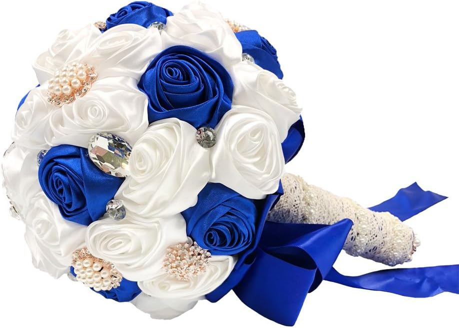 Abbie Home Handmade Bridal/Bridesmaids Brooch Bouquet Royal Blue Satin Roses with Crystal Diamond Pearl Decor-Royal Blue+White