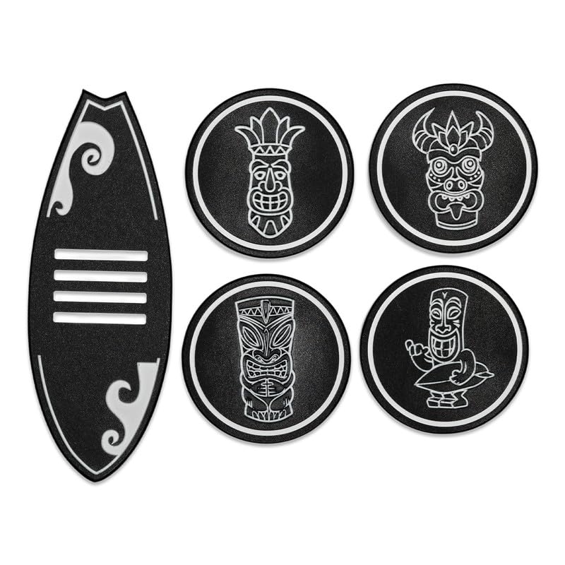 Noble Heritage Tiki Coaster Set – 4 Coasters with Surfboard Holder | Tropical Beach, Bar & Luau...