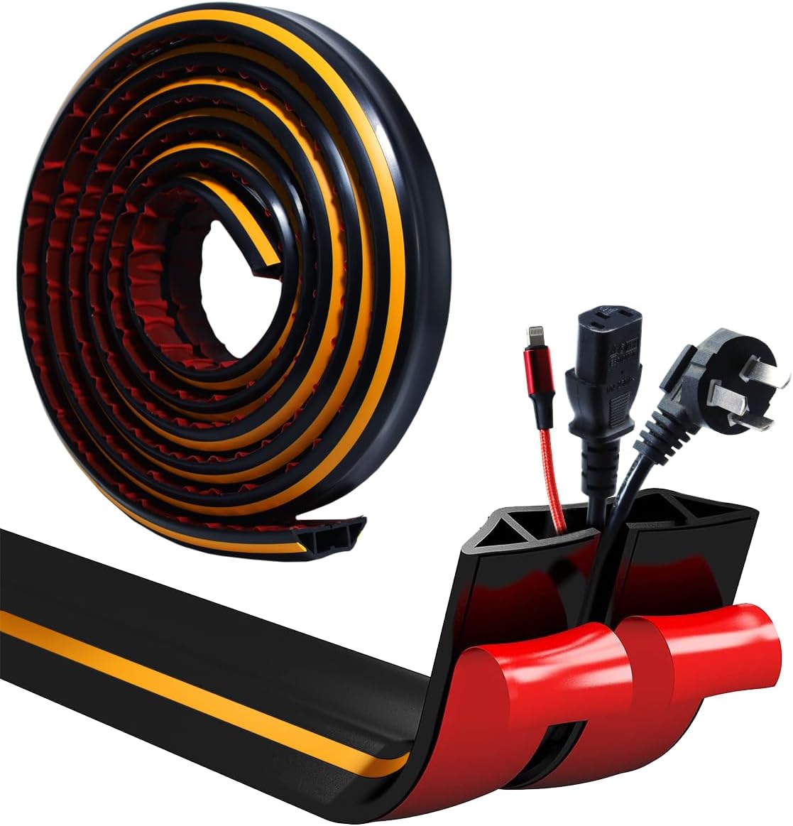 10Ft Floor Cord Cover Overfloor Cord Protector Self Adhesive Power Cable Protector Cord Raceway Ideal Extension Cord Cover Raceway to Hold Cords in Place for Power Cords Audio Cables (Black+Yellow)