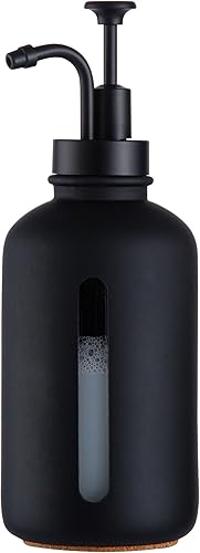 Enra Dispensador de jabón negro con ventana, dispensador de jabón de manos de vidrio de 17 onzas, bomba de mano de acero inoxidable, botella de