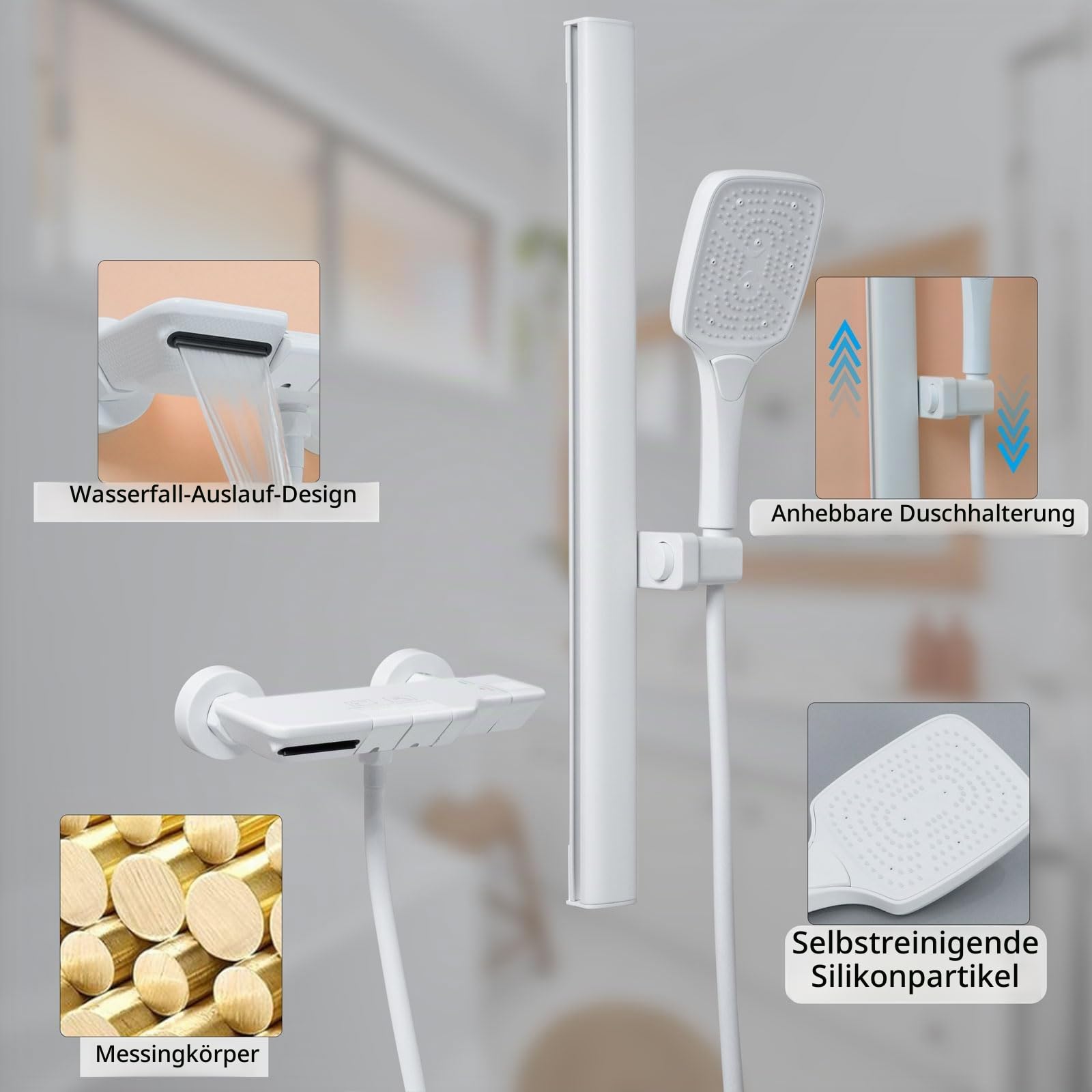 PHASAT Badewannenarmatur Wasserfall mit Handbrause, Duscharmatur mit Hubstange, Duschbrause mit 3-Fach verstellbarem Duschkopf, Badewanne Wasserhahn Duschset Weiß PTBW16E