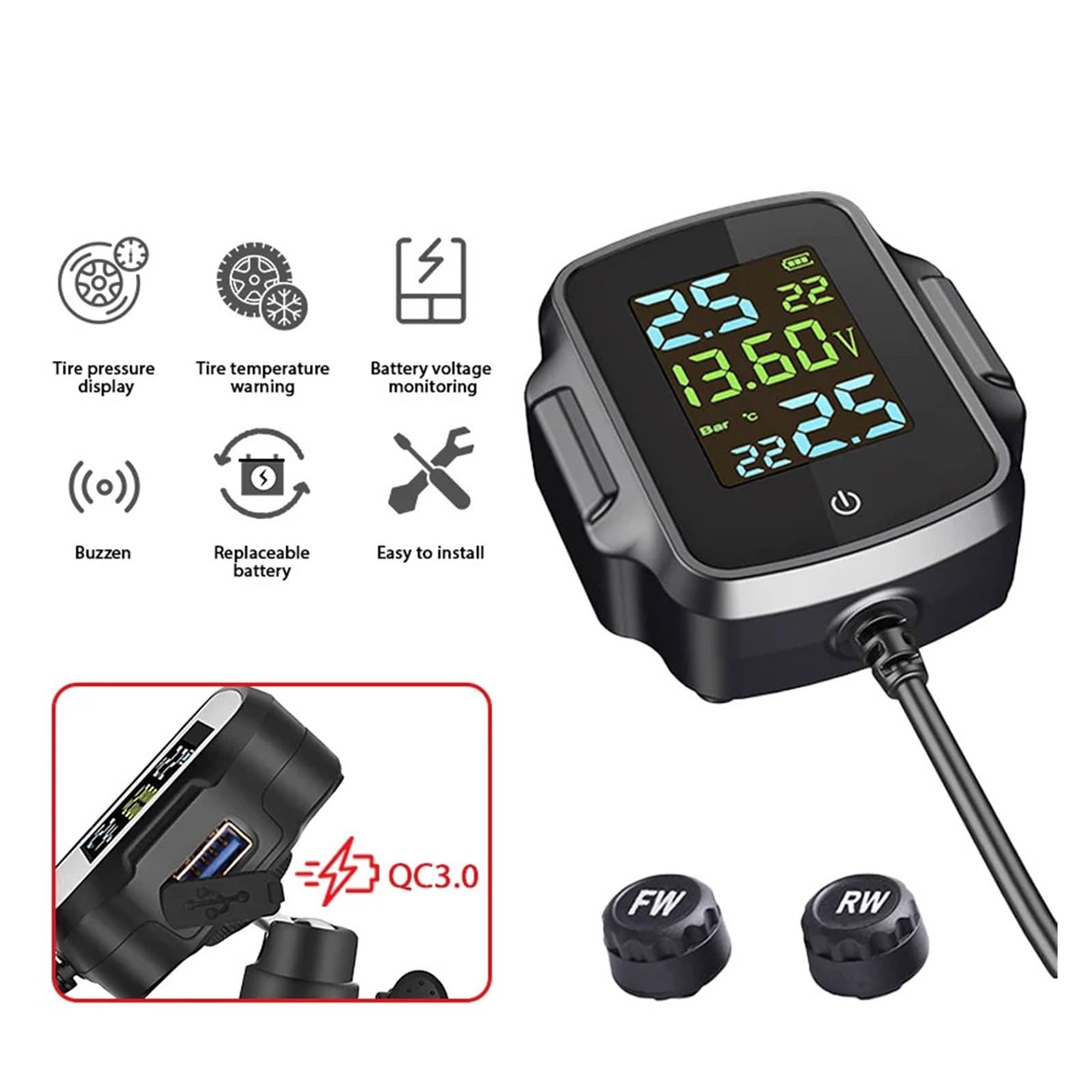 di Monitoraggio della Pressione dei Pneumatici Tpms for Moto Schermo LCD Visualizzazione Digitale in Tempo Reale Batteria Temperatura Rilevamento Preciso(External sensors)