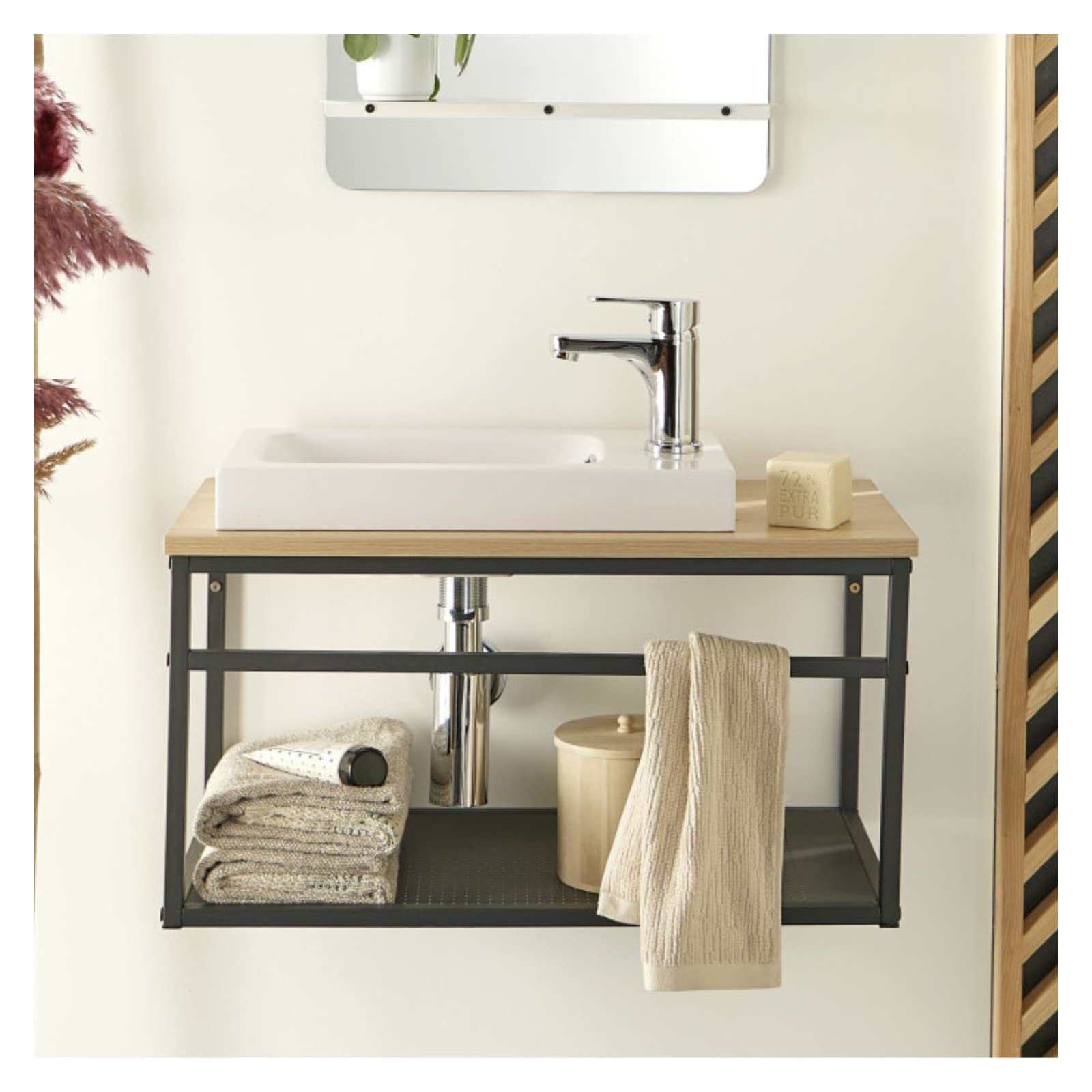 Mueble para lavamanos de madera y metal con lavabo blanco Will