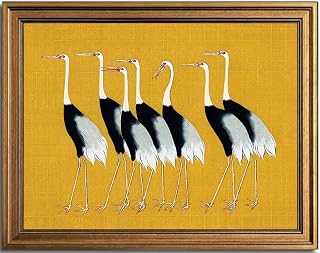 KBKBART Gold Framed Canvas Wall Art, Vintage Japanese Crane Poster with Seven Cranes Bird illustration Wall Art Prints Japanese Decor for Bedroom, Retro Asian Bird Art, Vintage Home Decor(8"x10")